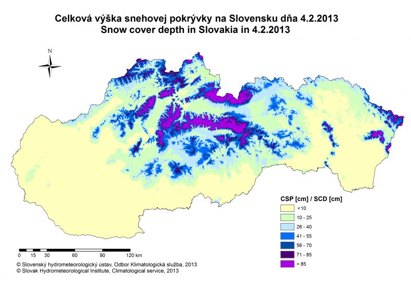 Výška snehovej pokrývky na Slovensku 4.II.2013 v cm