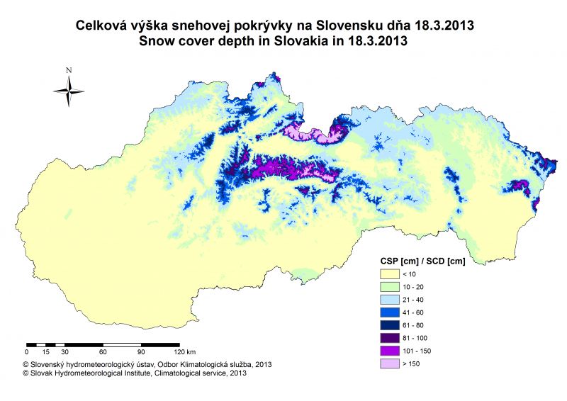 Výška snehovej pokrývky na Slovensku 18.III.2013 v cm