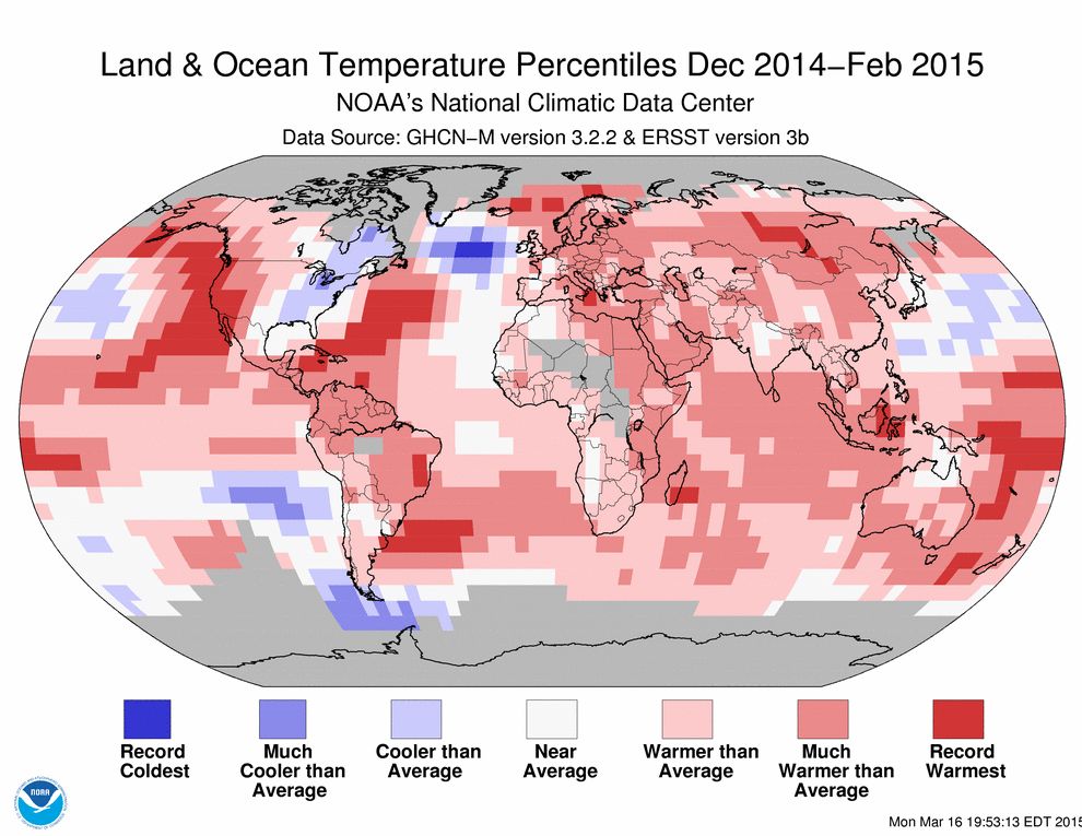 Zima 2014-2015 podľa NCDC - extrémy priemerov teploty