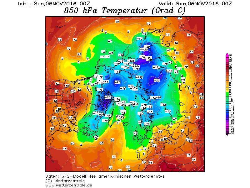 Teplota vzduchu na AT 850 hPa bola 6.XI.2016 v Arktíde tiež veľmi vysoká